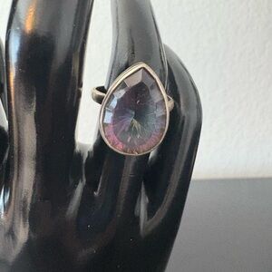 Purple and Sterling Silver Teardrop Ring with Iridescent Gemstone